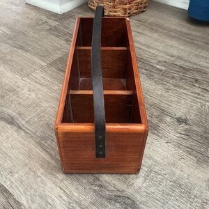 Vintage Wooden Basket Box Garden Trug with Cubbies Leather Handle Primitive